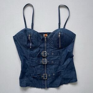 Vtg Y2K Dark Blue Denim Buckle Zipper Bodice Cami Top / Sz L Zip Up Indie Sleaze